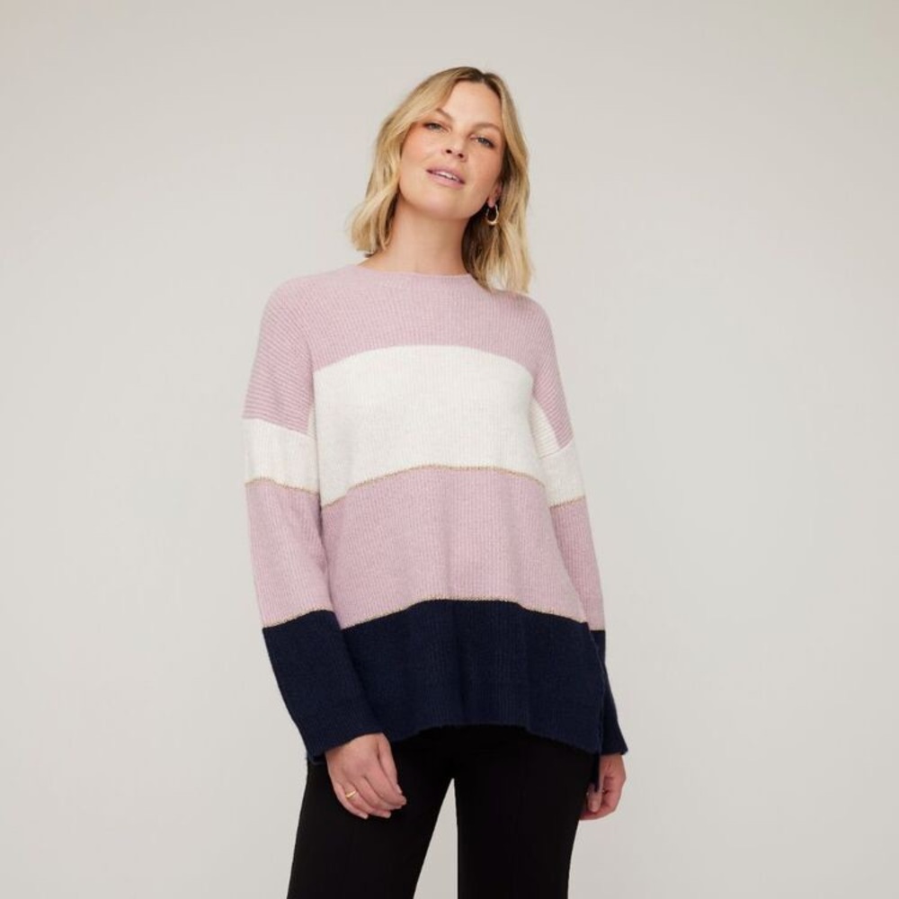 NWT SAVANNAH Ladies Size M Colour Block Jumper Rose Stripe ROSE BLUSH/NAVY - Picture 1 of 8